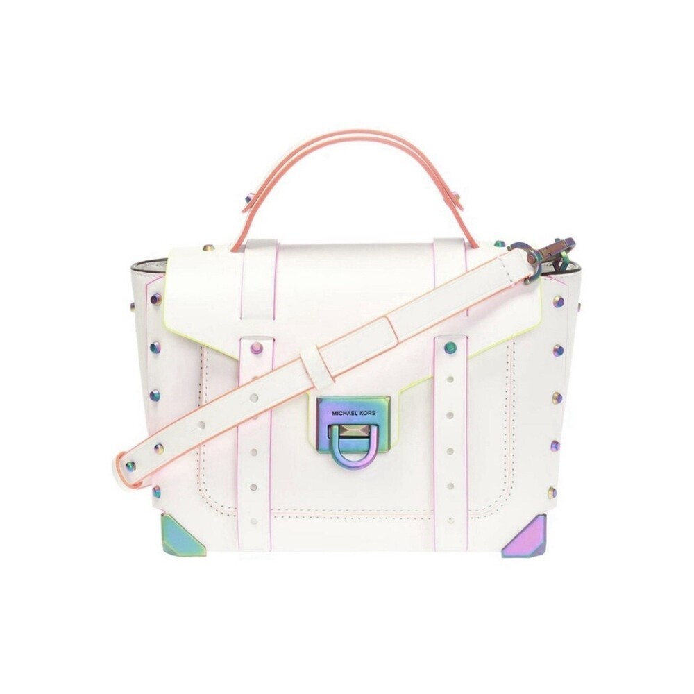 Michael Kors Manhattan Satchel Optic White Rainbow Stud Leather Bag - Picture 2 of 16